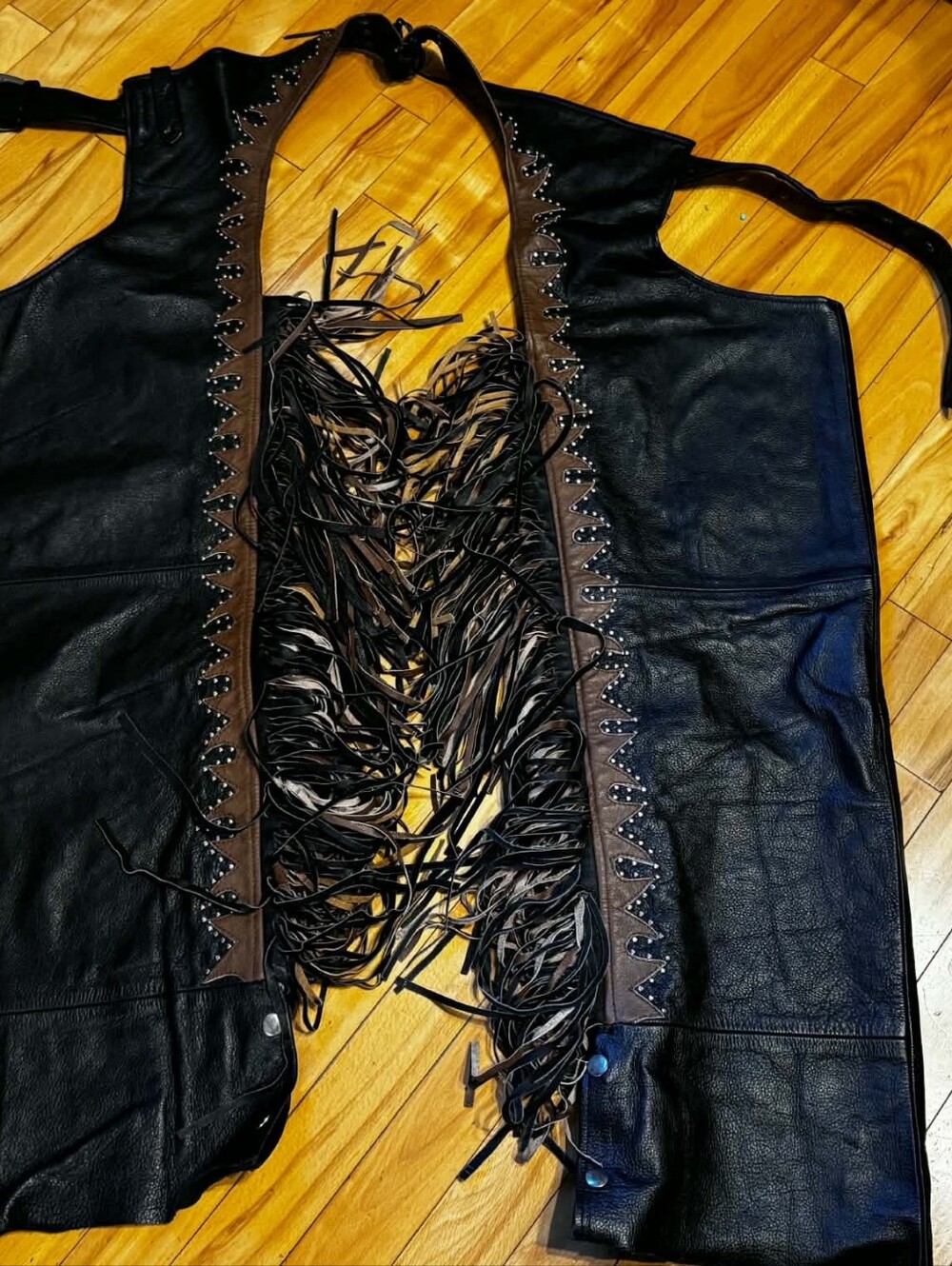Womens Black Leather Fringe Motorcycle Chaps with Brown Trim -